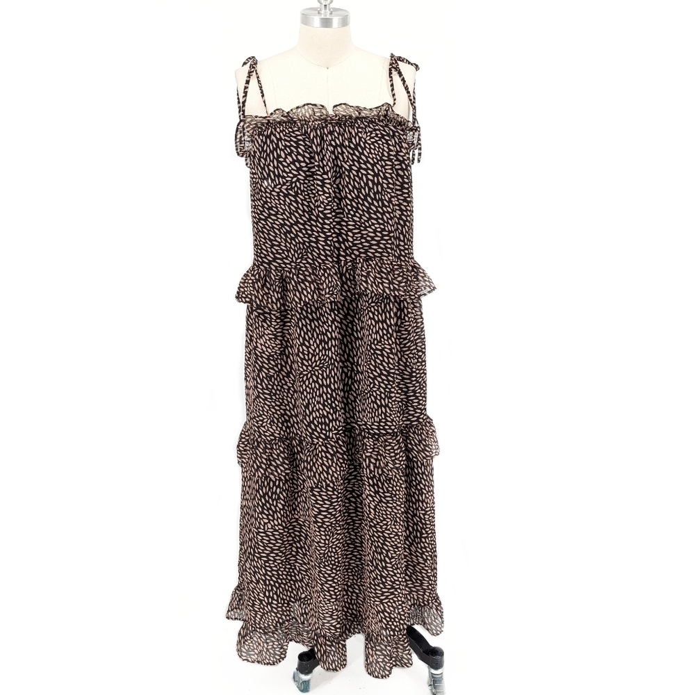 Who What Wear Printed Ruffle Tiered Midi Dress Black Pink M bohemian casual